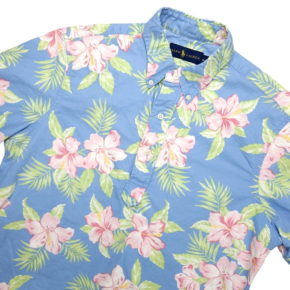 Ralph Lauren Pop Over Shirt Mens M Blue Floral Hawaiian Short Sleeve Casual